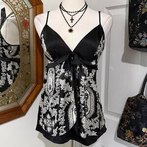 White House Black Market Black & Off-White 100% Silk Tie Front Babydoll Cami Top